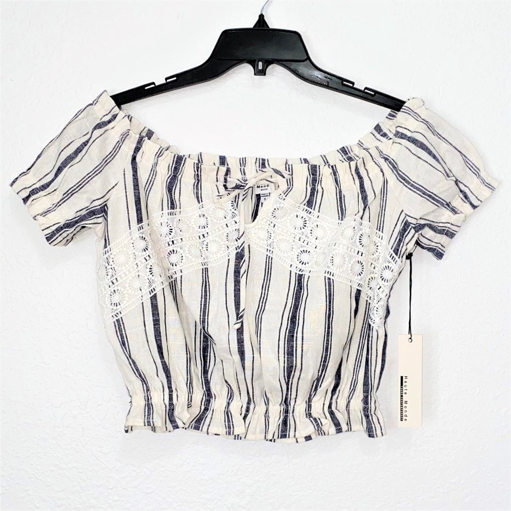 Haute Monde Women's Laced Striped Cropped Top White Size S